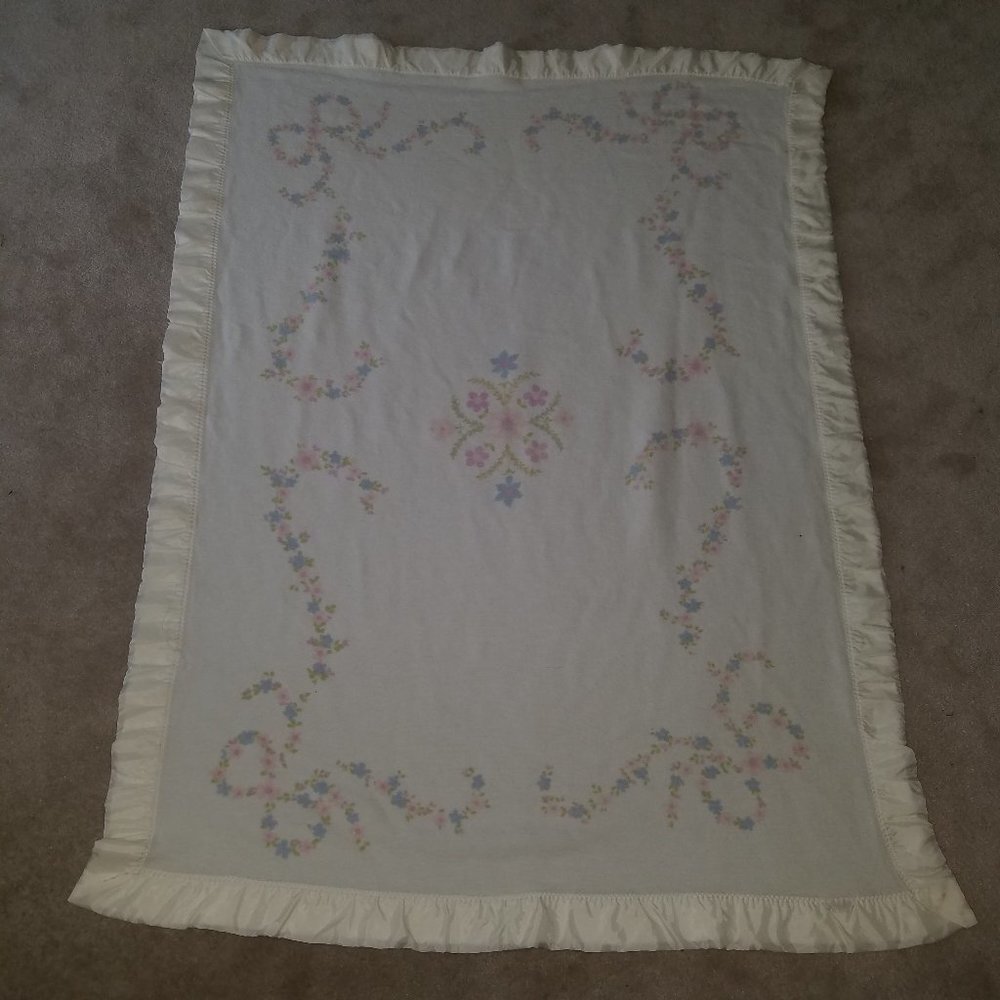 VTG Penney's Toddletime Blanket Floral Pink Blue Green White 52" x 39.5"